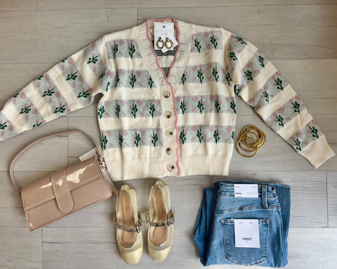 Floral / Stripe Buttoned Cardigan