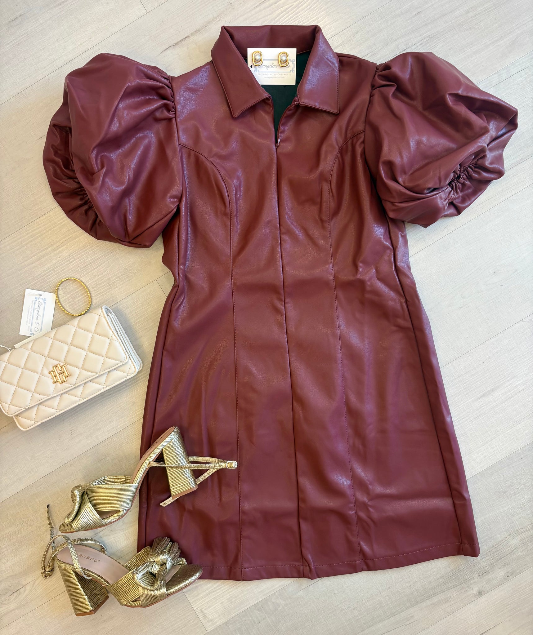 Puff Sleeve Zip Leather Dress Wine