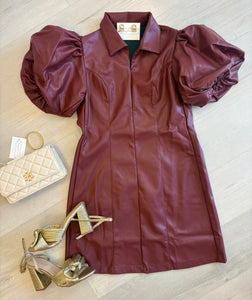 Puff Sleeve Zip Leather Dress Wine
