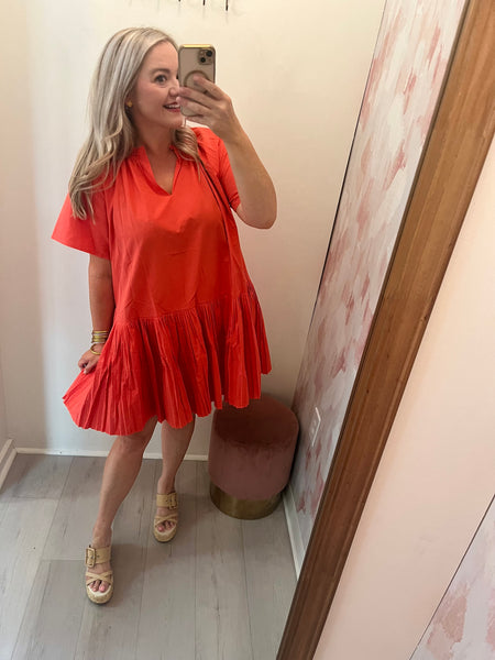 Drop Waist Pleated Dress - Coral