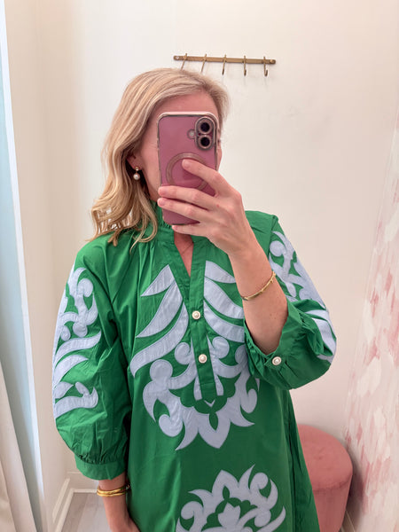 Kip Embroidered Green Shift Dress