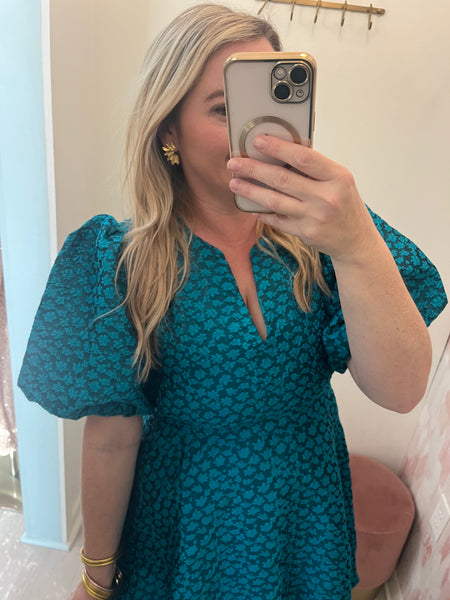 Textured Puff Sleeve Dress Teal