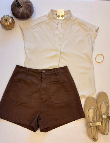 Matte Drop Sholder Blouse Beige