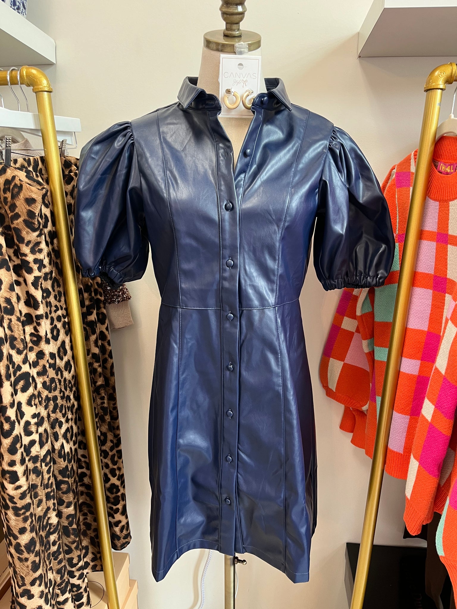 Stella Leather Button Up Dress Navy