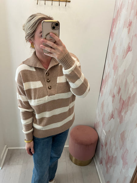 Quarter Button Striped Swter Camel