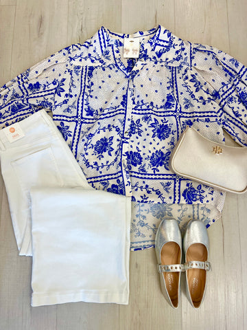 Gabby Blue & White Button Up Top