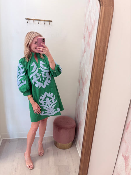 Kip Embroidered Green Shift Dress