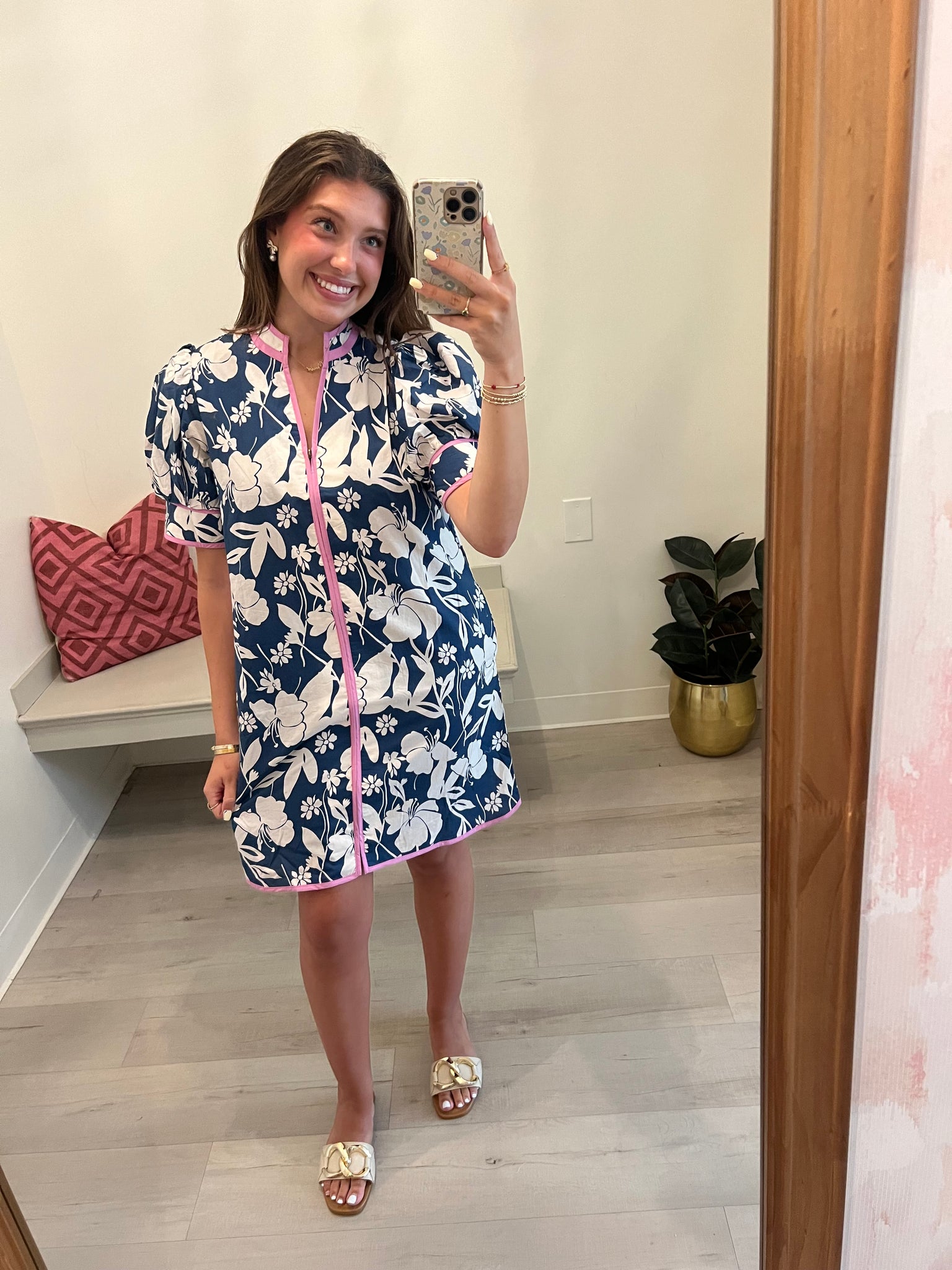 Blue & Wht Floral Front Zip Dress