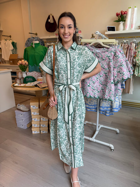 Drop Slv Floral Tie Waist Midi Grn