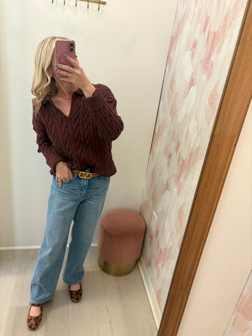 VNeck Polo Cable Knit Sweater