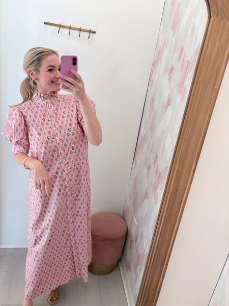 Floral High Ruffle Mock Neck Maxi