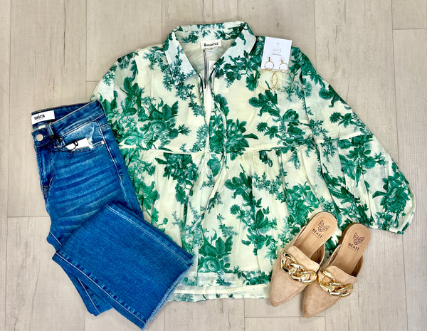 Green Floral Babydoll Blouse