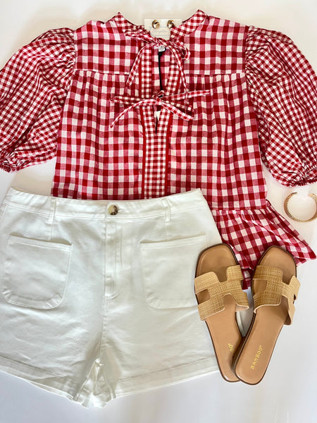 Plaid Tie Detail Top Red/White
