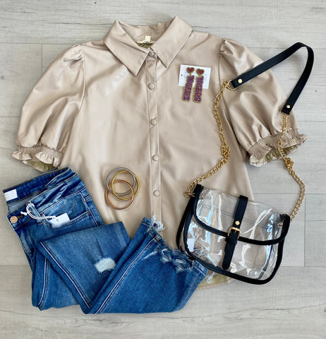 Taupe Snap Leather Top