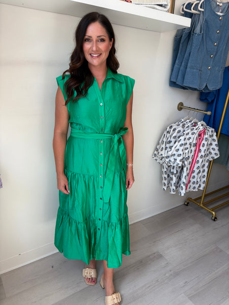 Grn w/ Envy Collared Cap Slv Midi