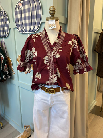 Floral VNeck Blouse Garnet