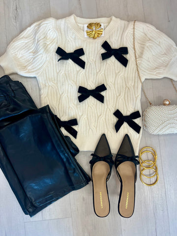 Velvet Bow SS Sweater Cream