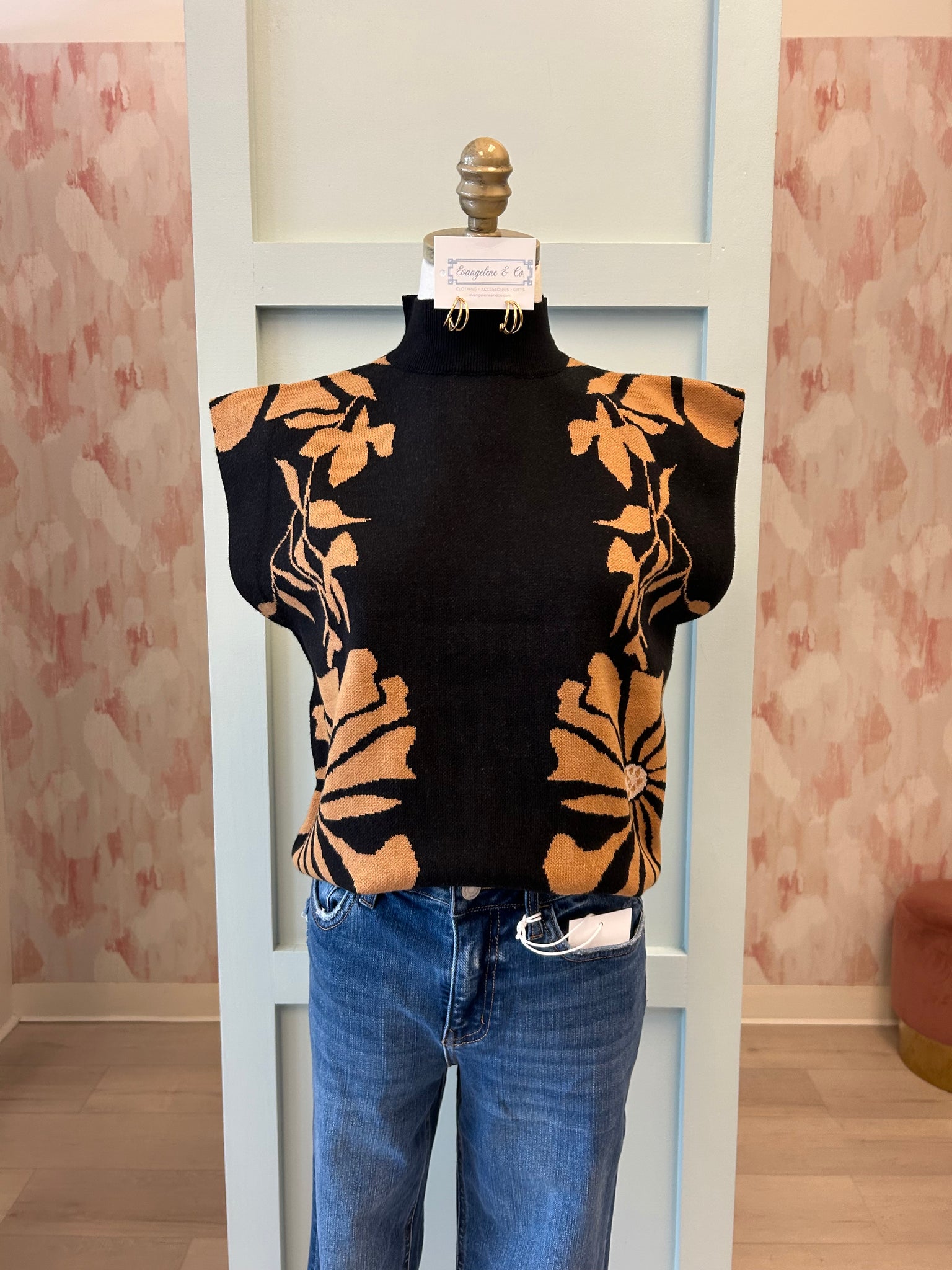 High Neck Floral Knit SS Sweater