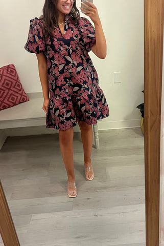Botanical Print Puff Slv Dress Burgundy