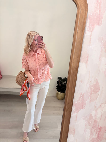 Lace Button Up Blouse Pink