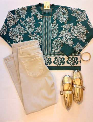 Floral Jacquard Knit Sweater Pine