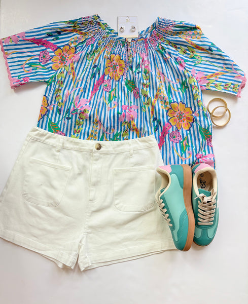 Tropical Floral / Stripe Top