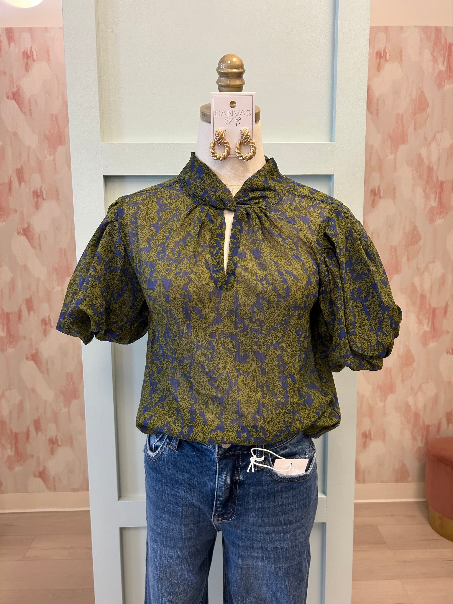 Twist Neck Puff Slv Top Green