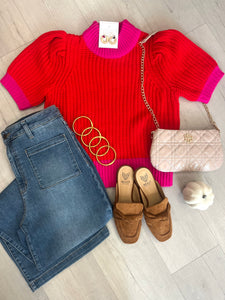 Block Color Sweater Top Red/Fuchsia