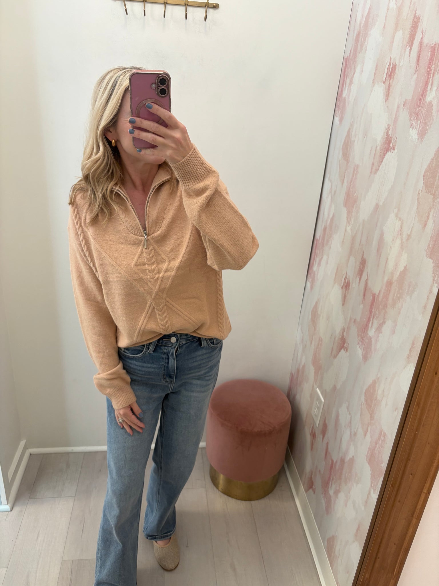Quater Zip Pullover Sweater Tan
