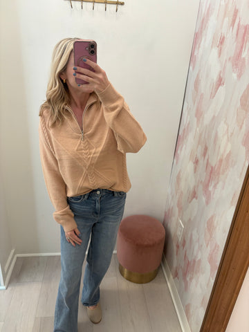 Quater Zip Pullover Sweater Tan