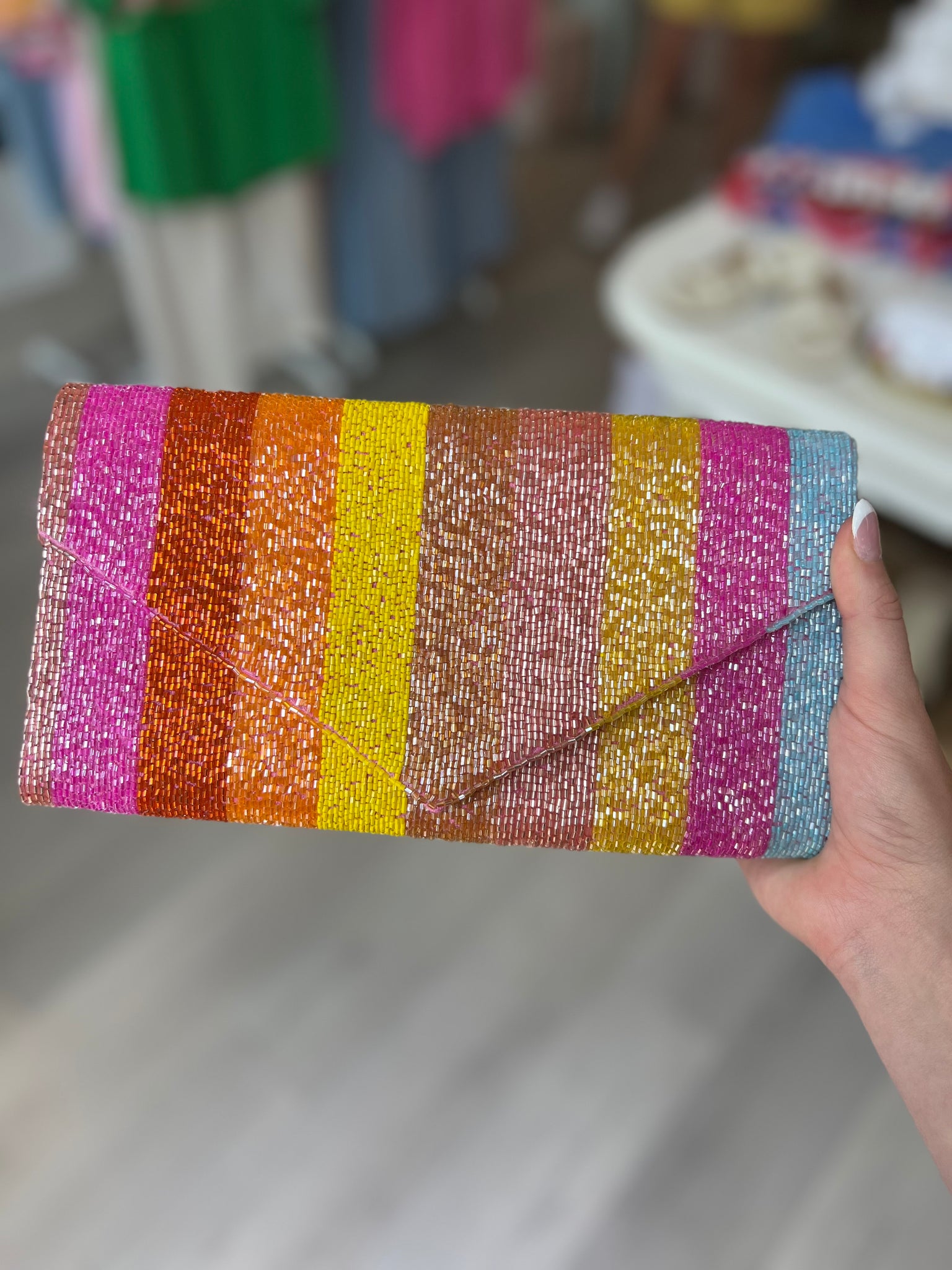 Striped Rainbow Beaded Clutch