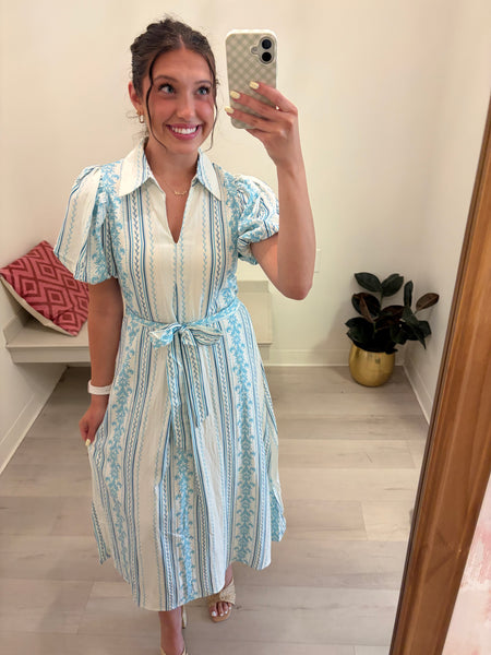 Lindi Puff Slv Tie Waist Midi Blue