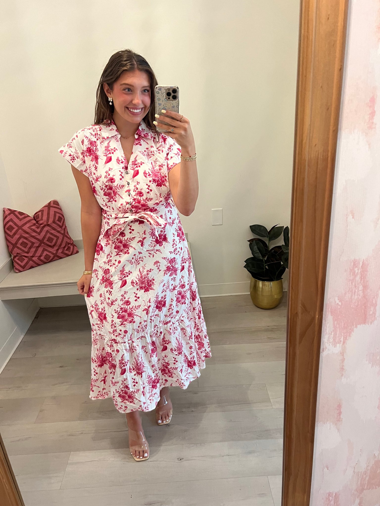 Pink Floral Belted VNeck Midi
