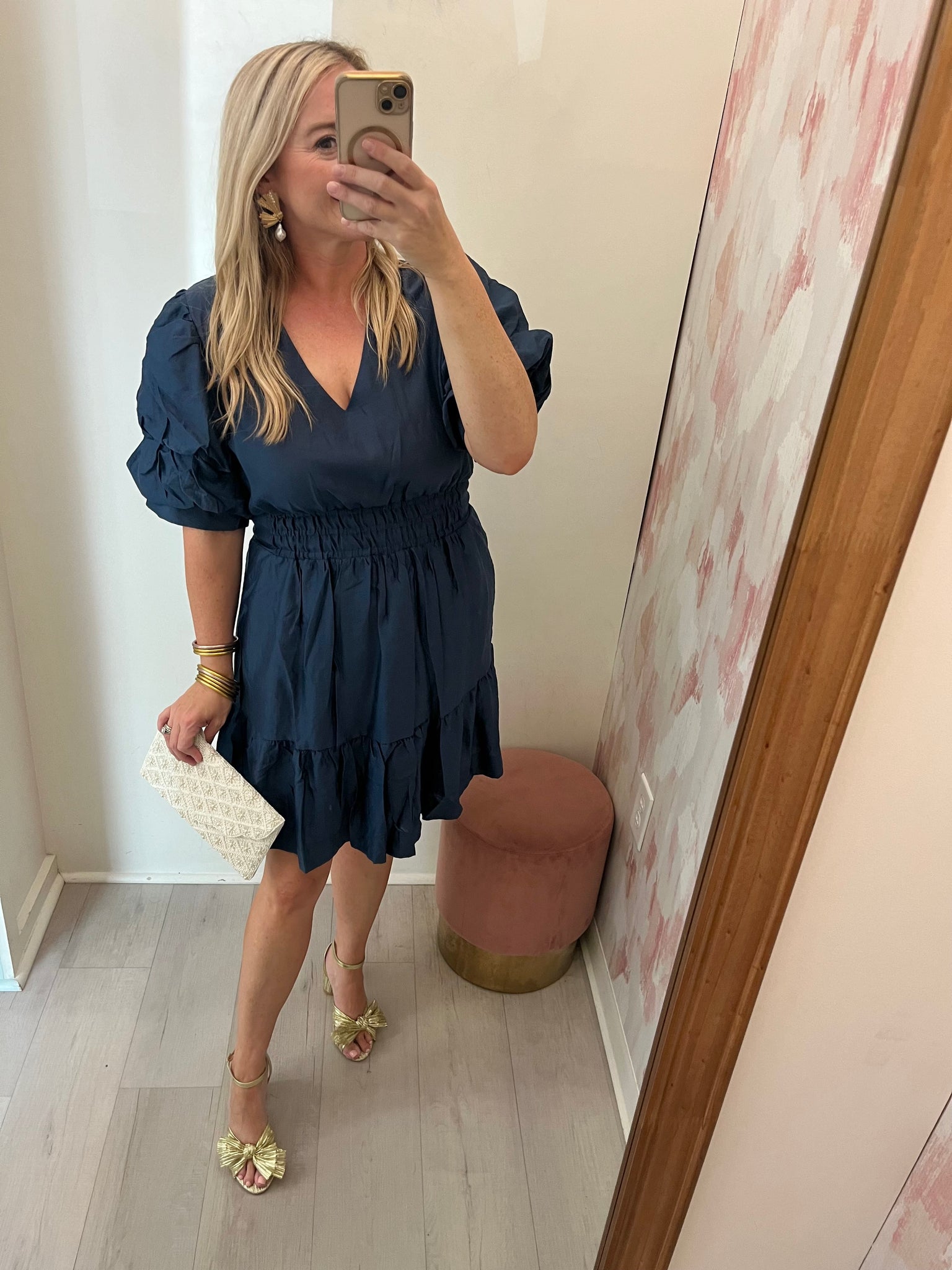 Alex Puff Slv VNeck Dress Navy
