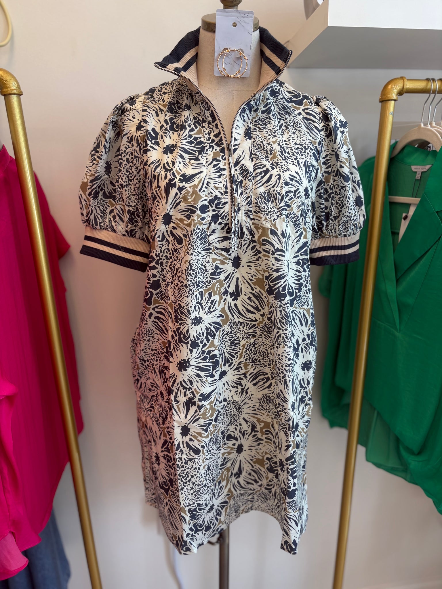 Banded Collar Floral Zip Dress