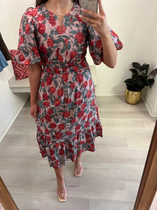 Livie Floral SS Midi Deep Pink