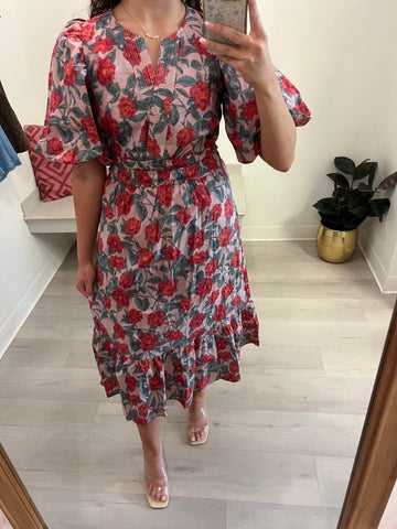 Livie Floral SS Midi Deep Pink