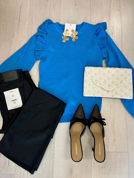 Cobalt Ruffle Top Sweater