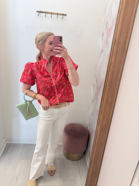 Whit Floral Puff Slv Top Red