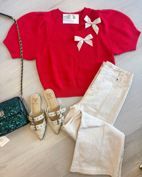 Bow Detail SS Red Sweater