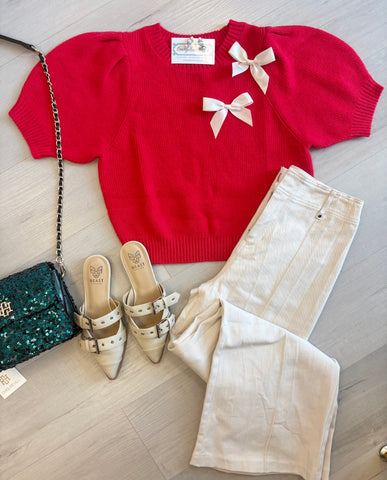 Bow Detail SS Red Sweater