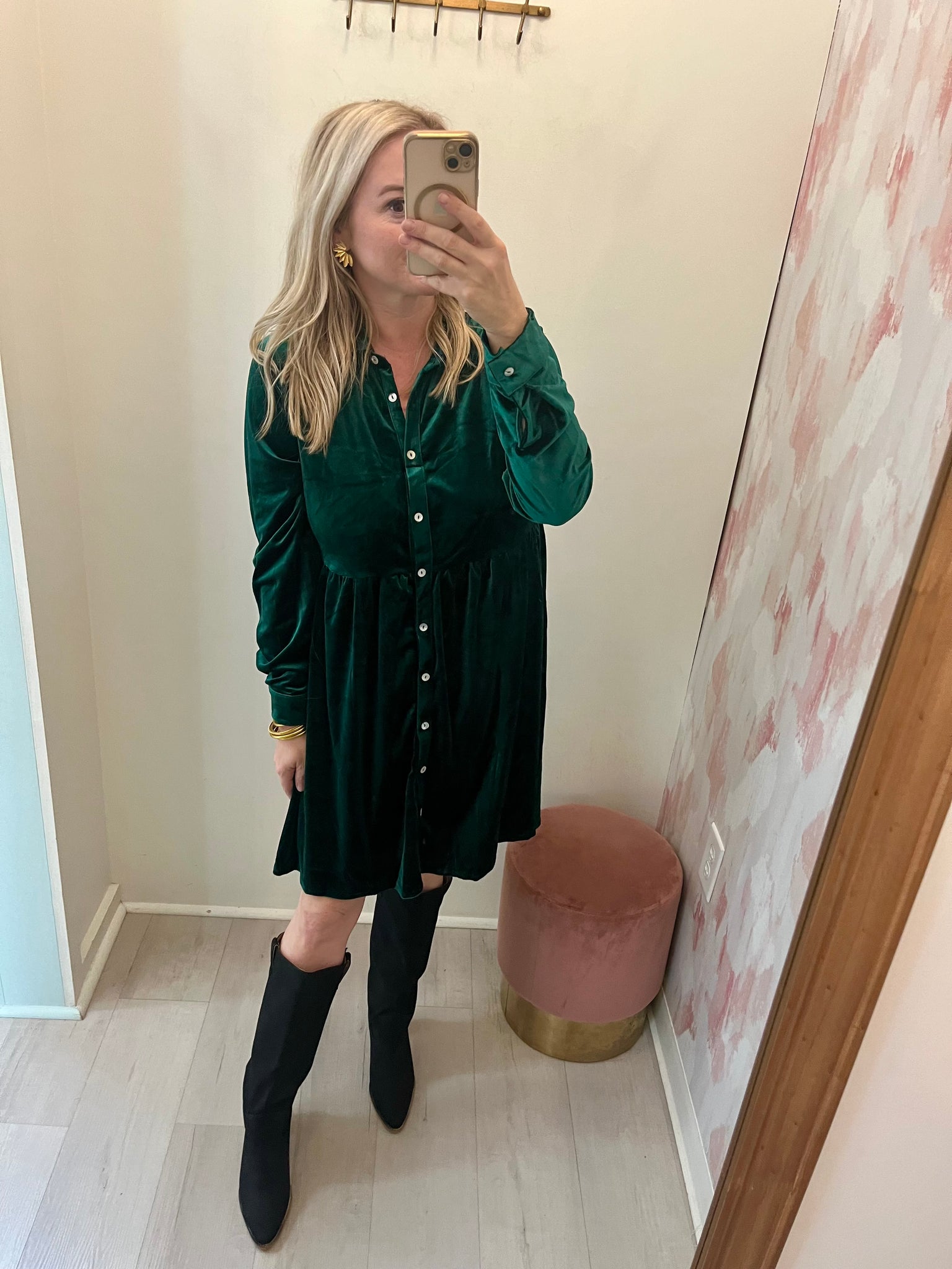 Riche Velvet Button Down Dress Green