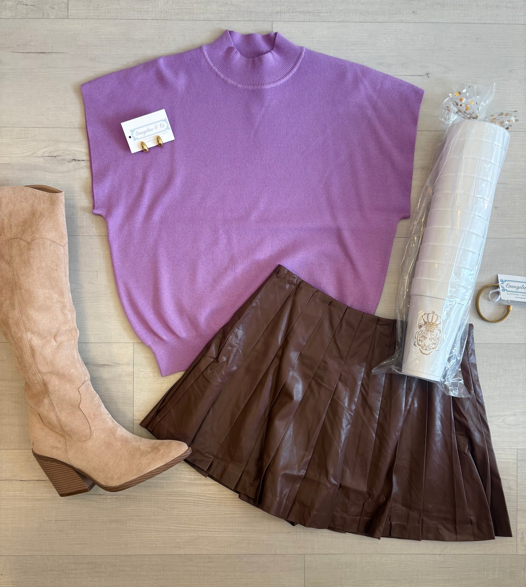 Brown Pleated Leather Skirt