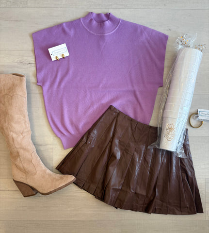 Brown Pleated Leather Skirt