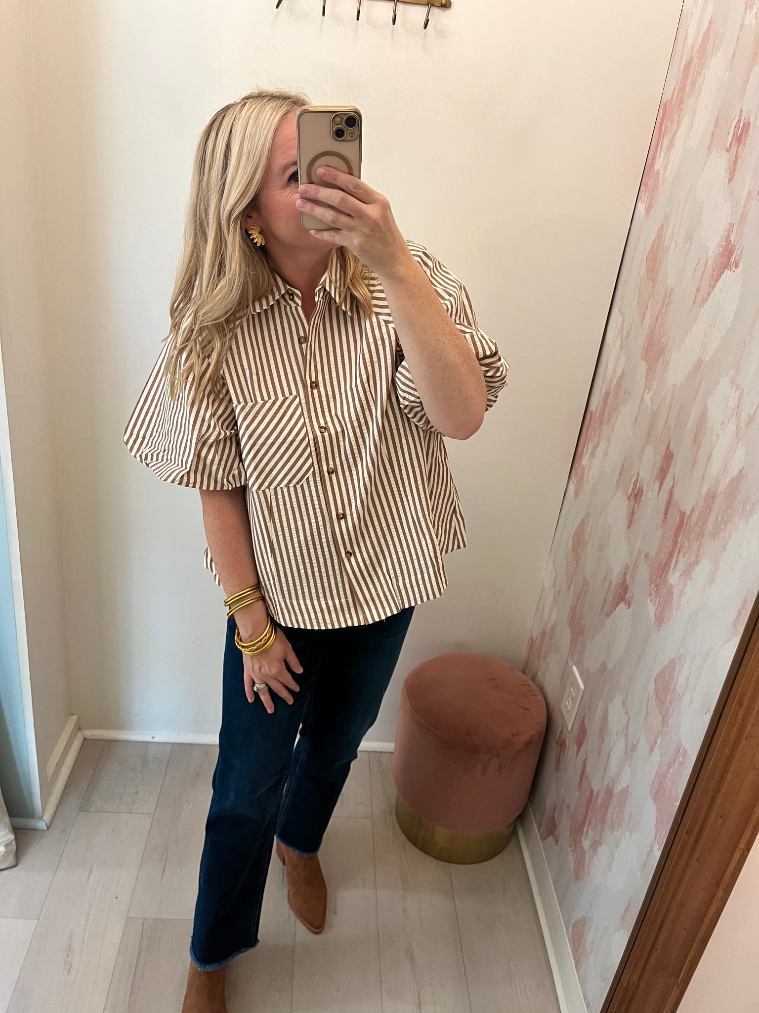 Pecan Striped Button Front Top