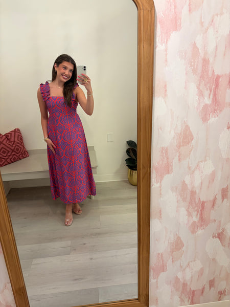 Jewel Geo Ruffle Strap Midi Dress Red