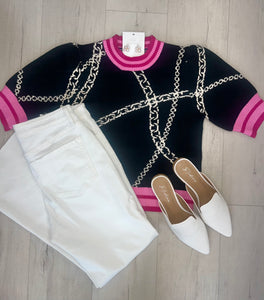 Chain Print Sweater Blk&Pink