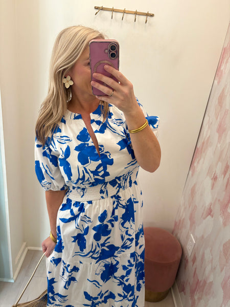 Cobalt Floral Smock Waist Midi Dress