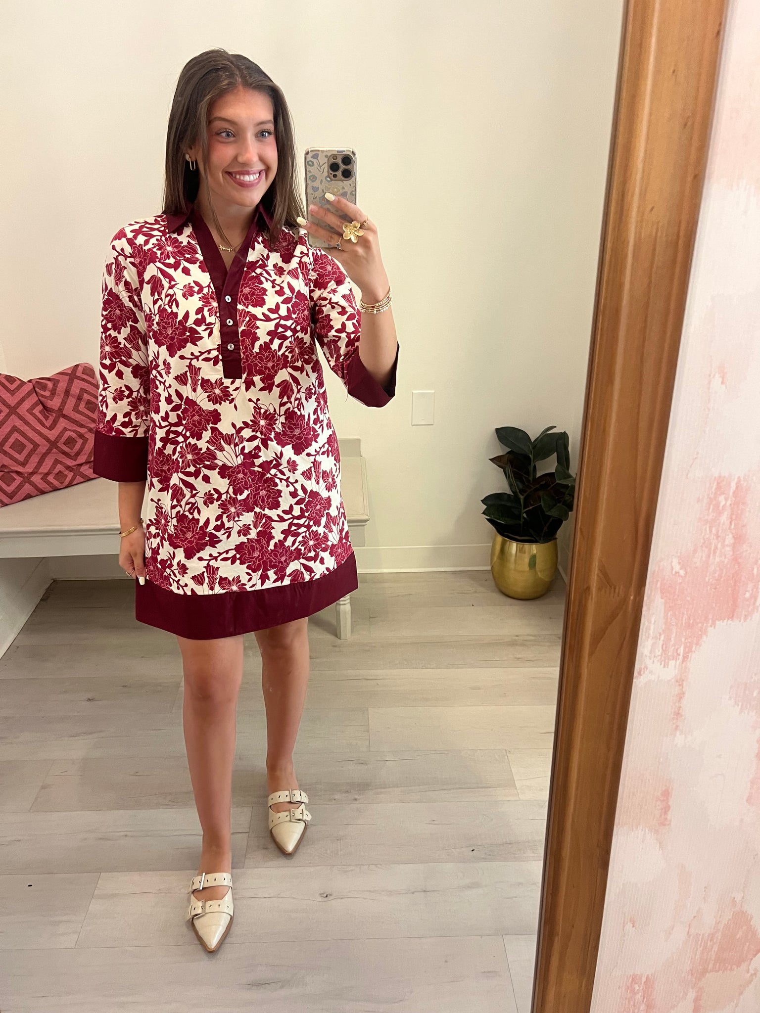Floral 3/4Slv VNeck Dress Burgundy