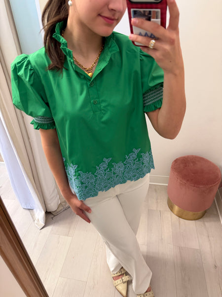 Cam Embroidered Detail Top Grn